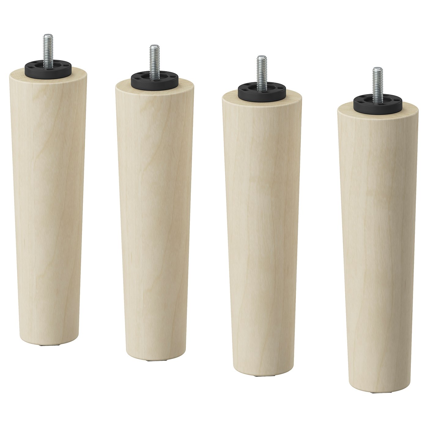 Four BRYNILEN legs: light wood, round, with black screws, for furniture.