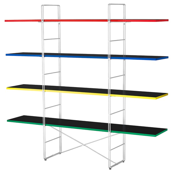 Modern multi-color shelf unit with red, blue, yellow, and green shelves on metallic framing.
