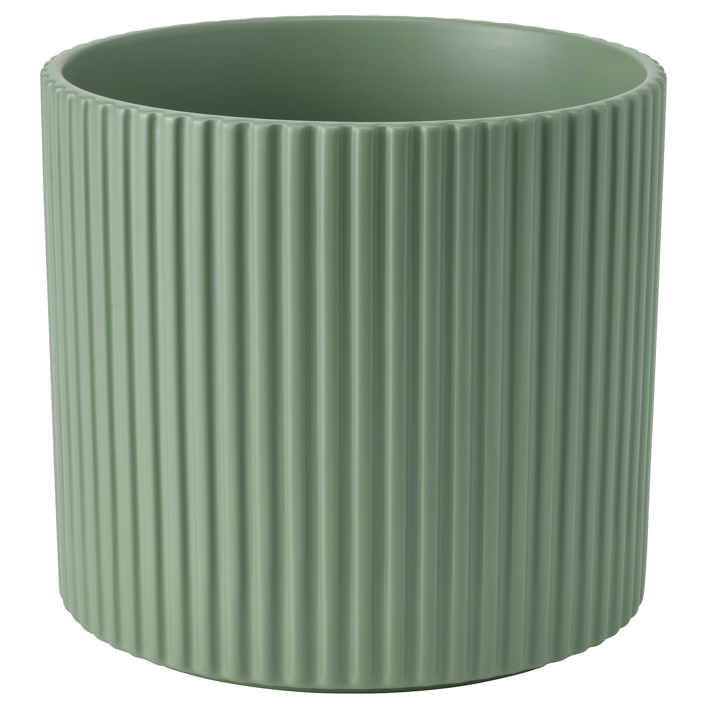 Green DAKSJUS pottery planter, cylindrical with ribbed design, earthenware material.