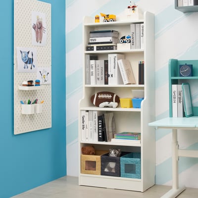 White bookcase for kids room, adjustable shelves for books & toys, stability feet.