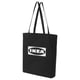 Black IKEA branded cotton tote bag with long handles, simple rectangular shape, open top.