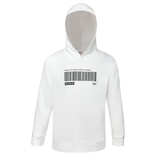 EFTERTRÄDA white hoodie: casual shape, soft cotton, barcode design.
