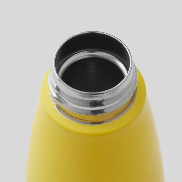 A bright yellow, high-quality vacuum flask with a stainless steel lid, designed for durability and leak prevention.