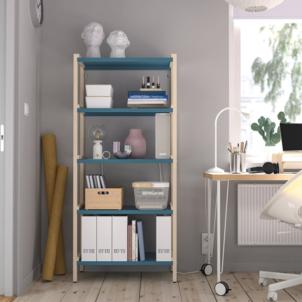 EKENABBEN teal-blue shelving unit in modern home office, small, fits neatly.