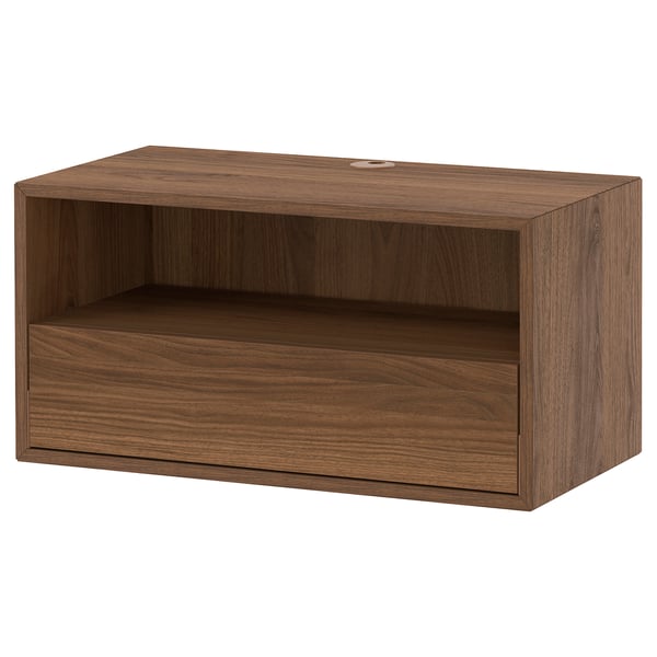 Brown EKET open shelf tv stand, mixed materials, rectangular, minimalist.