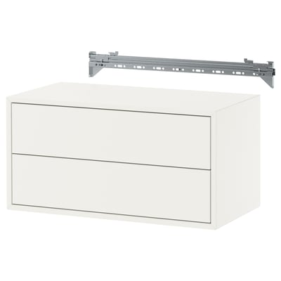 A white EKET wall cabinet with two drawers and a metal suspension rail.