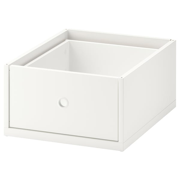 A white ELVARLI drawer. Its rectangular, with a circular handle, and made of painted wood.
