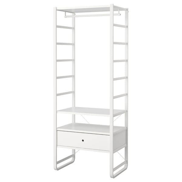 A white ELVARLI storage unit - open, multi-tiered shelving with a drawer and sturdy frame.