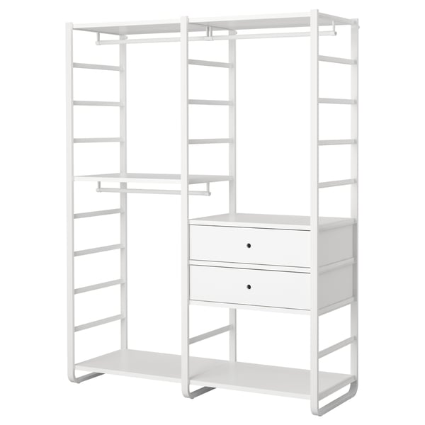 Its a white ELVARLI storage system, featuring open shelves and drawers, made of steel and aluminium, in a modern and minimalist design.