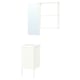 A white ENHET bathroom vanity with a mirror and storage shelves.
