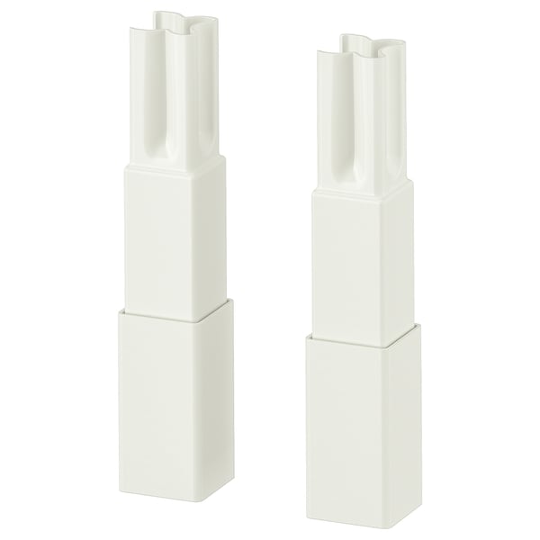 Two white ENHET legs for kitchen base frames, featuring a sleek, modern design with adjustable height for stability and easy cleaning.