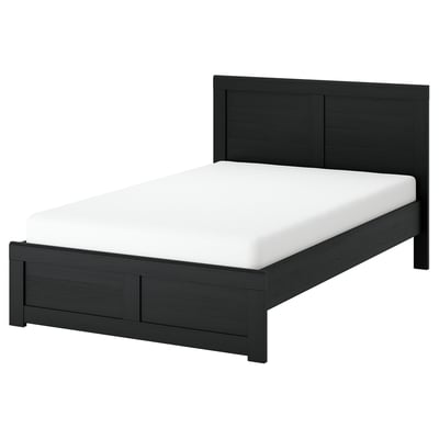 FÅGELFJÄLLET black bed: modern, oak-look, rectangular, with clean lines, white mattress.