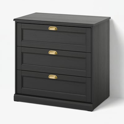 Black wooden chest with brass handles; rectangular, three drawers; sleek modern design.