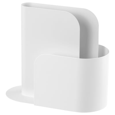 White metal magazine holder, rectangular shape, two slots for organising papers.