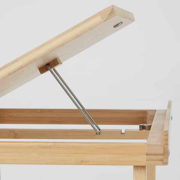Close-up of FELFRITT laptop stands sturdy bamboo hinge and metal support.