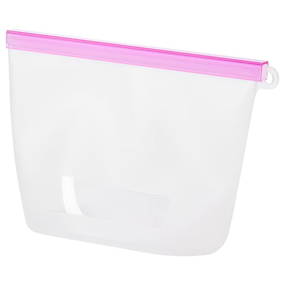 A FILFISK resealable bag in pink and clear colours, made of silicone and plastic, rectangular in shape with a transparent window and a handle on top.