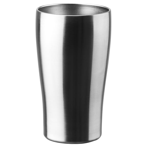 A silver FINGERVARM cup, made of stainless steel. It has a smooth, rounded shape and is designed for durability and eco-friendly reuse.