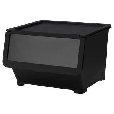 FIRRA black plastic storage bin, rectangular shape, with wheels and foldable lid.