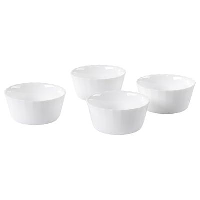 Four small, round, white bowls in different sizes, made of tempered opal glass.