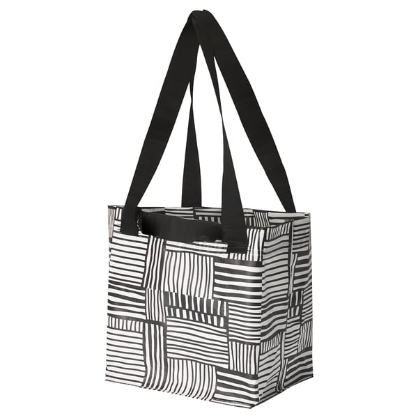 FISSLA bag, black/white stripes, recycled material, square shape, durable, foldable.