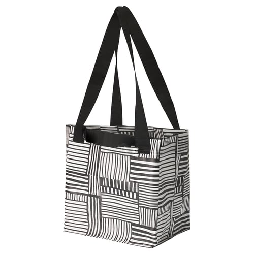 FISSLA bag, black/white stripes, recycled material, square shape, durable, foldable.