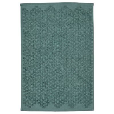 FJÄLLKATTFOT turquoise bath mat, rectangular, soft cotton with textured pattern.