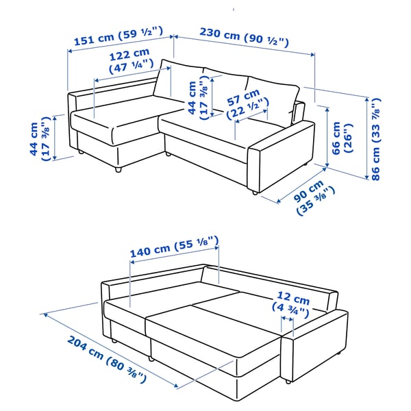 Illustration with measurements for the product: FRIHETEN.