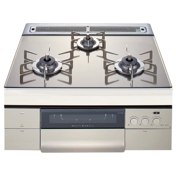 Modern stainless steel gas stove with digital display and three burners.