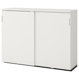 A GALANT white storage cabinet with sliding doors, modern minimalist design, and adjustable shelves.