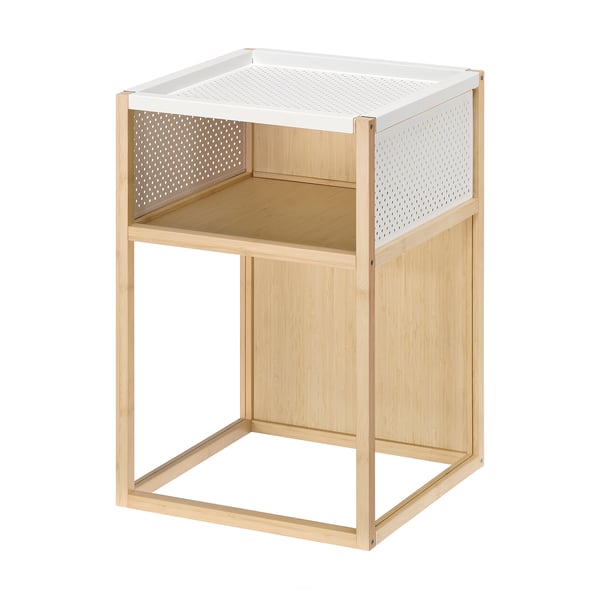 GILLERSBERG table, white and bamboo, square with open shelf, versatile furniture.