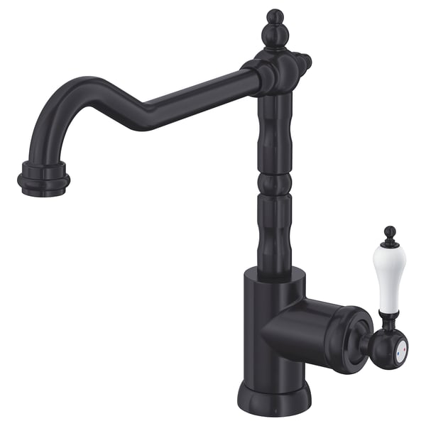 Black GLITTRAN tap. Traditional design, curved spout, white handle.