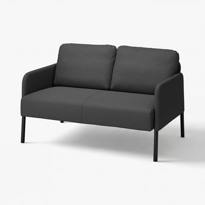 Modern compact grey sofa, GLOSTAD, with minimalist design, plush cushions, and sleek metal legs.
