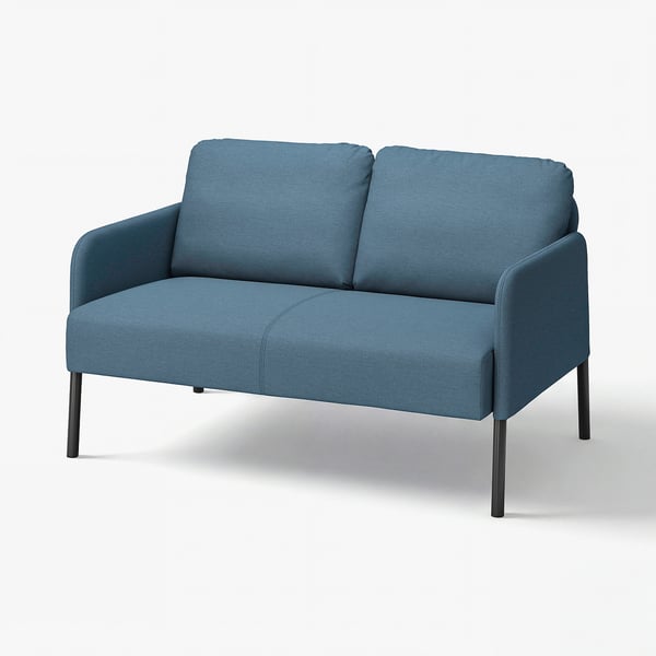 Blue GLOSTAD sofa, modern design with padded armrests, dark legs, polyester fabric.