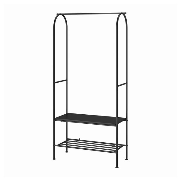 GRÅFJÄLLET black metal clothes rack, industrial chic style, two shelves, hooks at ends.