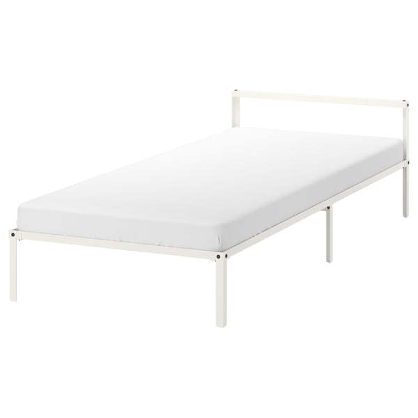 GRIMSBU white bed frame, minimalist design, sturdy steel construction. Low profile, ideal for small spaces.