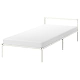 GRIMSBU white bed frame, minimalist design, sturdy steel construction. Low profile, ideal for small spaces.