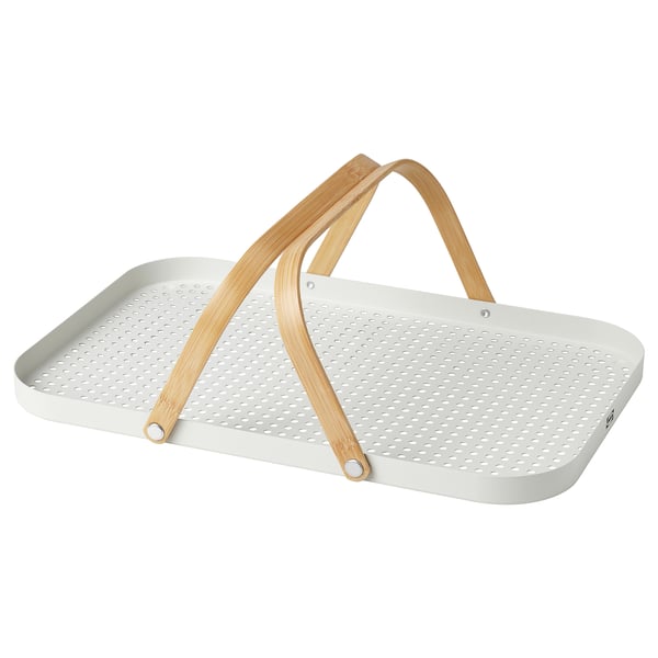 GRÖNFISK tray in light grey with bamboo handles; rectangular, pierced, foldable handles.