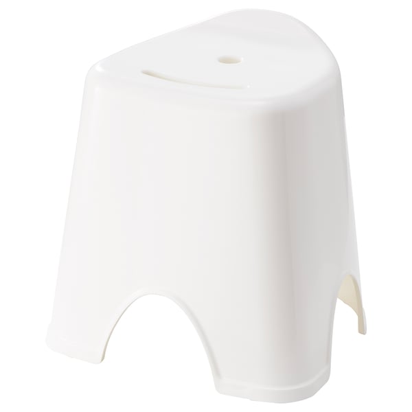 GRUMLAN: white plastic stool, anti-slip, drainage hole, arched legs.