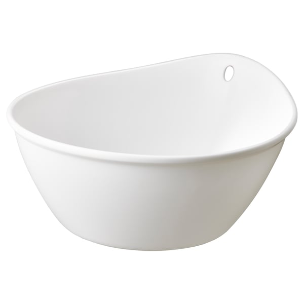 A GRUMLAN white plastic bowl, smooth, rounded, easy to clean.