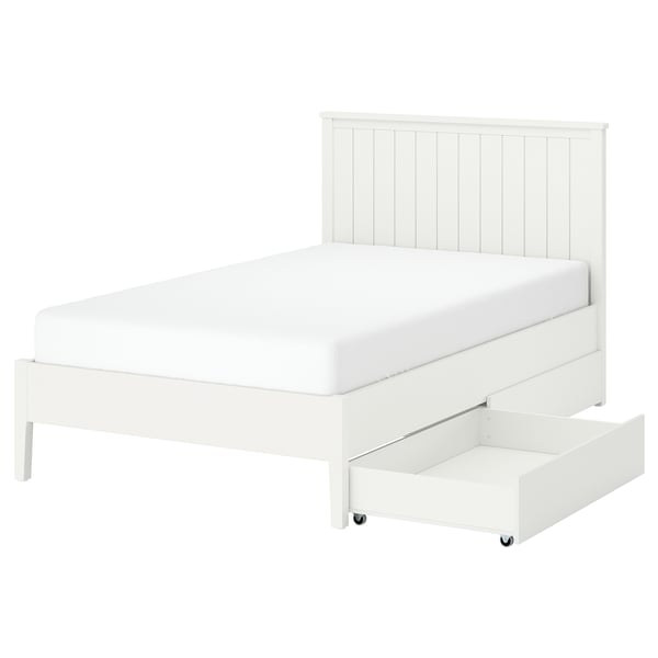 White GULLABERG bed with vertical panel headboard and two under-bed drawers on wheels.