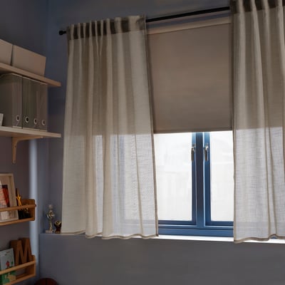 Recycled polyester curtains, soft light diffusion, privacy, with decor shelf.