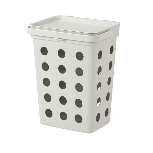 HÅLLBAR white bin, circular cutouts, ventilated, rounded corners, lid, recycling aid.