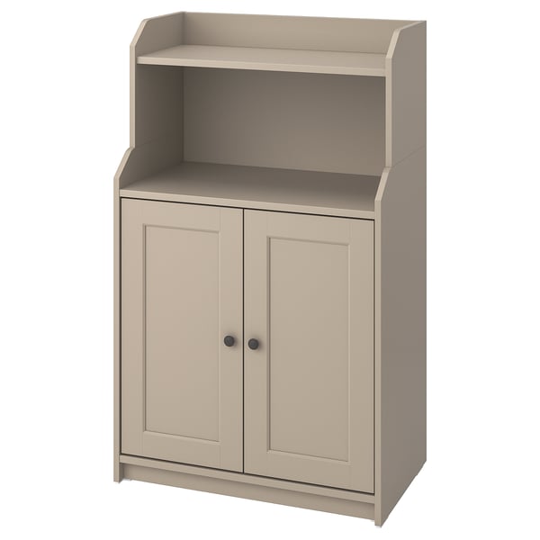 HAUGA beige cabinet: two-door storage unit with top open shelf, traditional design, durable fiberboard and particleboard.