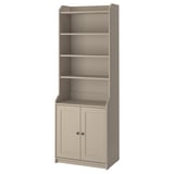 HAUGA beige bookcase, tall, 4 open shelves, 2 cabinet doors, adjustable shelves, safe storage.