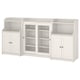 Three-piece white wooden bookshelf combo with closed and glass doors.