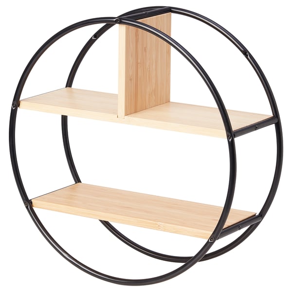 HEDEKAS round shelf, black & bamboo, minimalist design, wall-mounted, three tiers for storage.