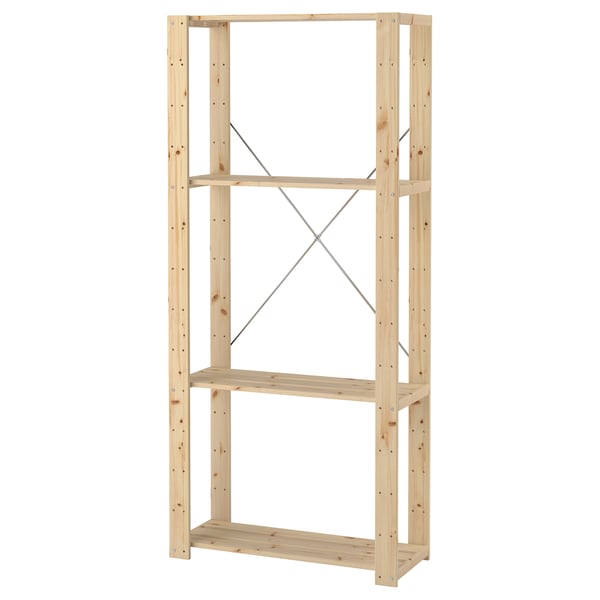 An IKEA HEJNE pinewood storage rack, light-colored, rectangular, with three open shelves and diagonal support braces.