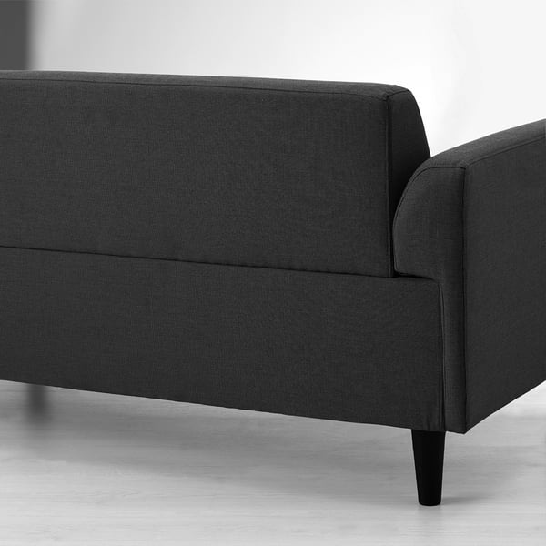 Black sofa with dark grey, durable fabric cover. Perfect for small spaces. Legs visible at bottom.
