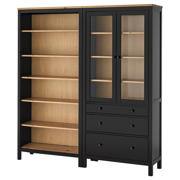 HEMNES Storage combination w doors/drawers, black-brown/light brown stained, 180x197 cm