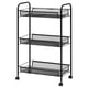 A black HORNAVAN bathroom storage trolley, featuring three mesh shelves with wheels for easy mobility.